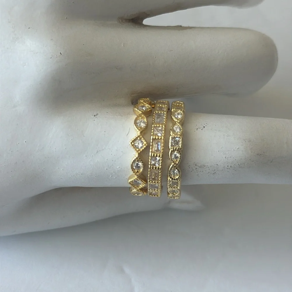 Set of 3 Stacking Rings Gold Plated 925 Sterling Silver Rings CZ Sones Sz. 8
